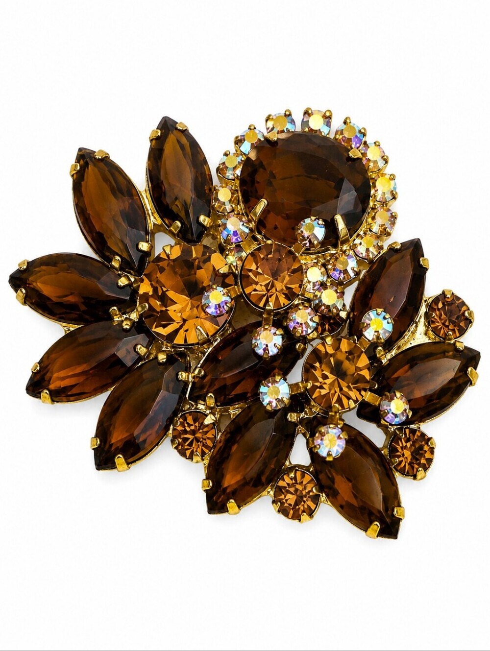Vtg JULIANA Crystal Topaz Floral Aurora Borealis Brooch